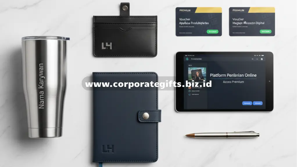 Paket merchandise penyambutan karyawan baru berisi notebook, tumbler, dan tote bag perusahaan